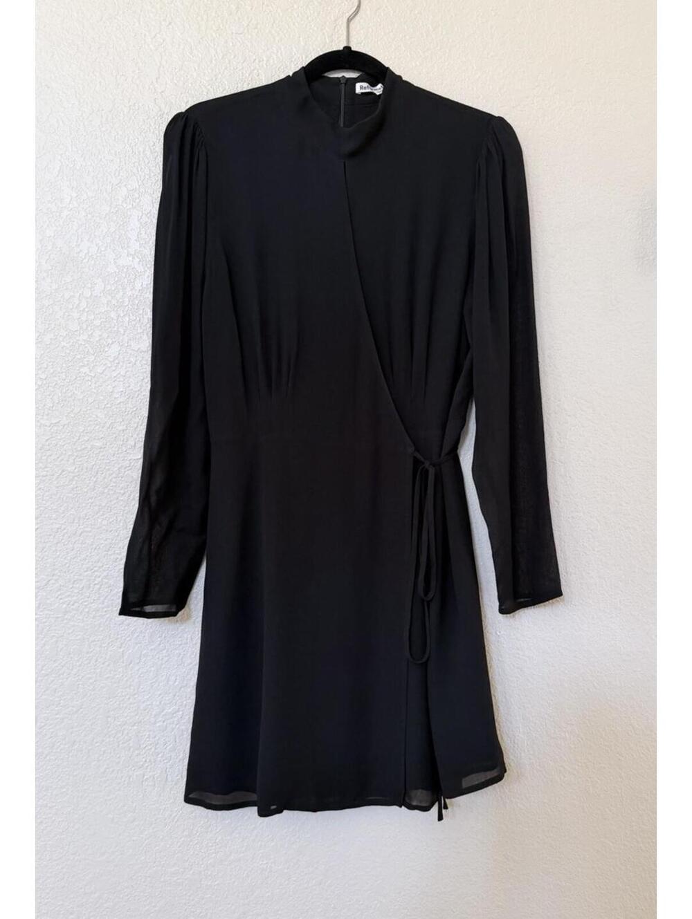 New Reformation Ottessa Long-Sleeve Surplice Wrap Minidress In Black Sz XL $248